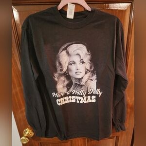"Holly Dolly Christmas" Dolly Parton Long Sleeved Black Tee in Size Medium